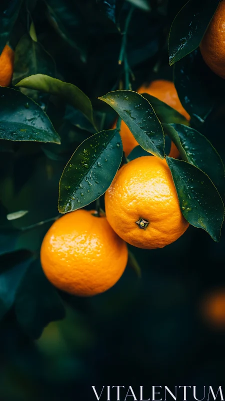 Citrus jewels glowing under rain-kissed emerald leaves.
