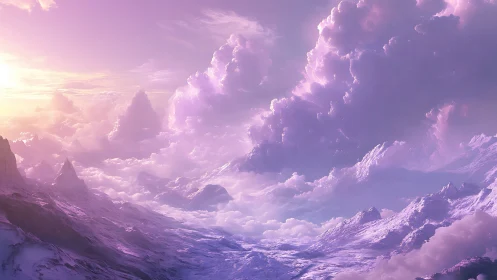 Violet sunrise clouds engulf crystalline snow peaks. Period.