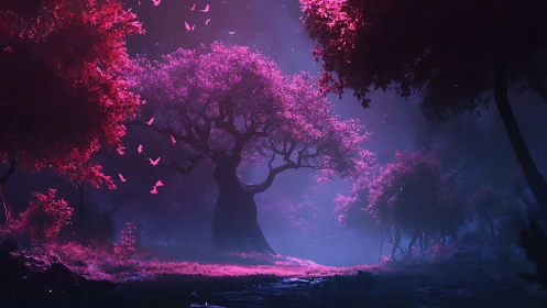Moonlit magenta grove where enchanted petals take flight.
