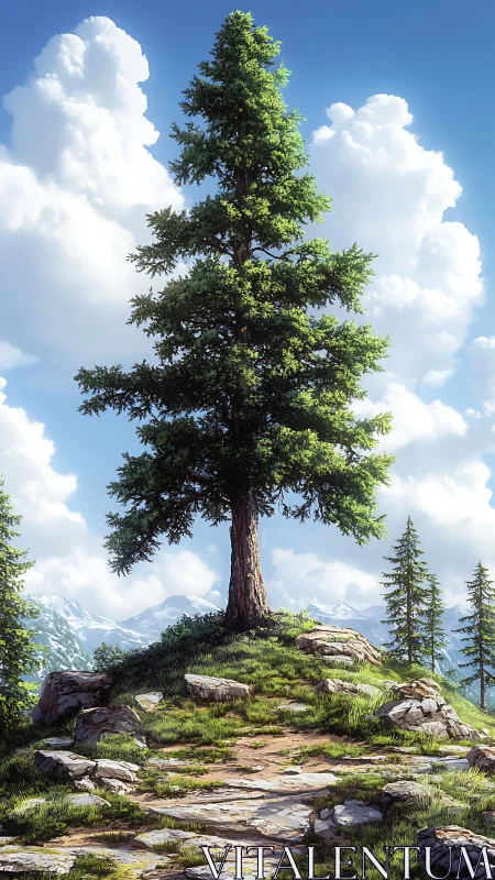Solitary Sentinel: Ancient Tree Crowns Rocky Alpine Vista.