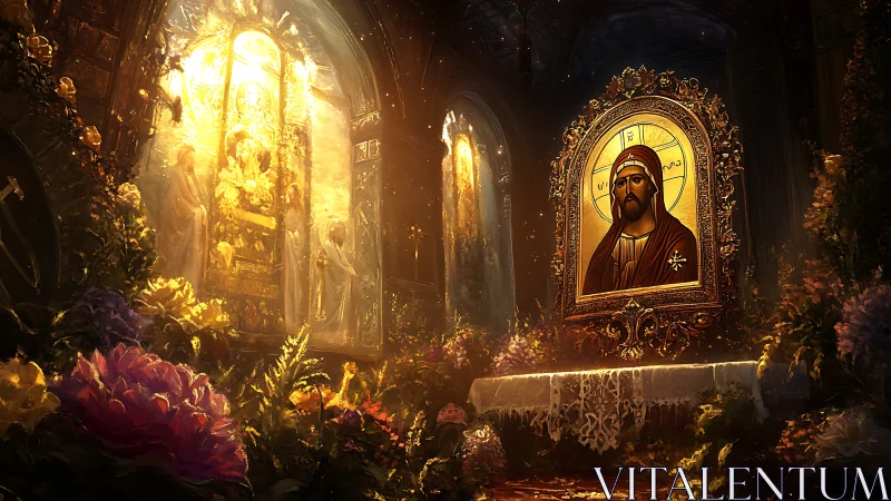 Gilded icon glows amid wild cathedral garden of light.