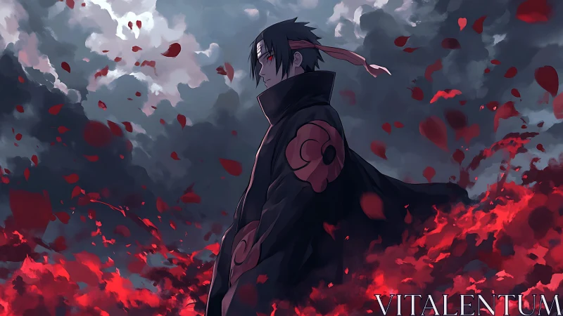 Crimson petals storm around the lone shadowed wanderer