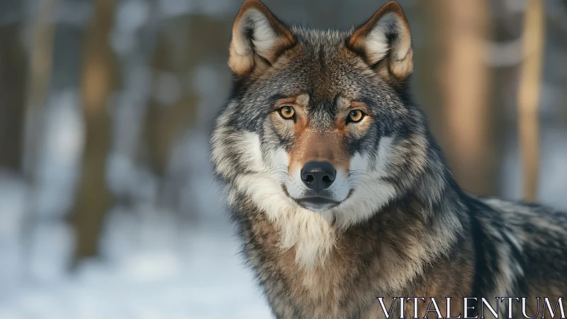 Grey wolf in winter forest with focused direct gaze.