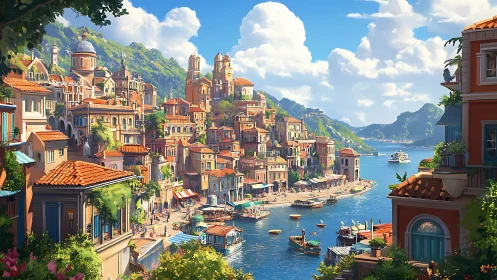 Sunlit Mediterranean harbor city with terraced hillside homes.