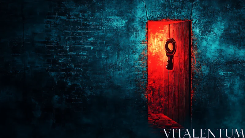 Thermal portal in corroded brick wall with optical knocker.