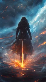 Figure with flaming sword amid storm clouds and water.