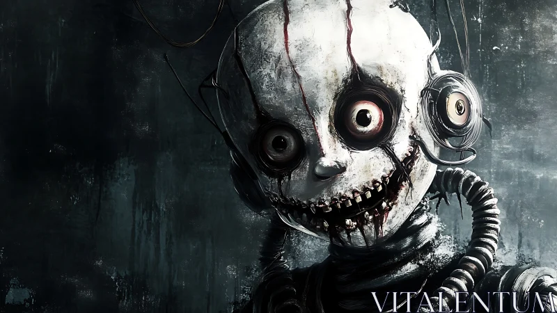 Curious haunted robot with wide eyes and crooked smile.