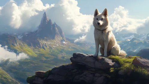 White mountain dog overlooking sunlit alpine valley panorama.