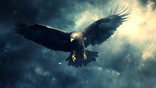 Majestic eagle soaring through dramatic stormy sky, digital art.