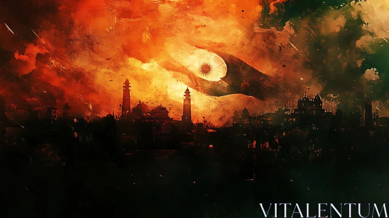 Burning city skyline beneath ominous celestial eye