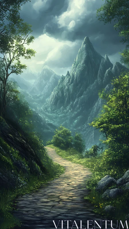 Sunlit stone path winding through misty emerald mountains.