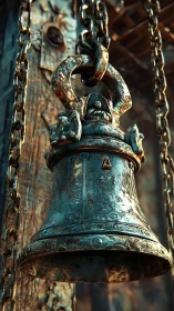 Corroded bronze bell rendered in high-detail cinematic 3D closeup