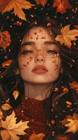 Autumn portrait study with cascading leaves and warm chiaroscuro.