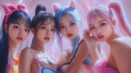 Candy-pastel idol quartet in dreamy kawaii portrait.
