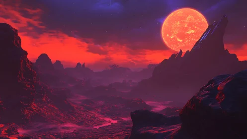 Crimson alien canyon under burning red supermoon sky.