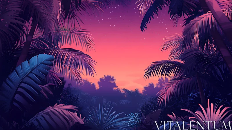 Neon Tropics Dreaming: Palm Fronds Frame A Sunset's Electric Lullaby.