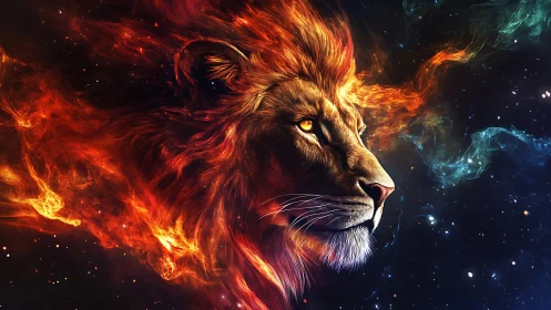 Celestial fire lion emerging from swirling cosmic nebulae.