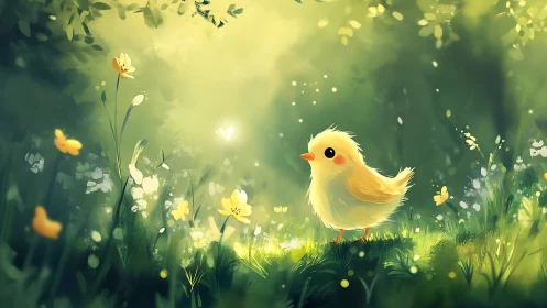 Small yellow chick in sunlit forest clearing environment.
