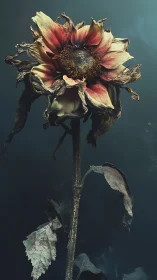Decaying sunflower portrait reveals desiccated petals and oxidized stem
