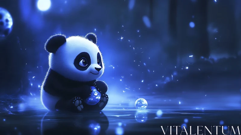 Bioluminescent blue-lit panda cub holding glowing orb at night