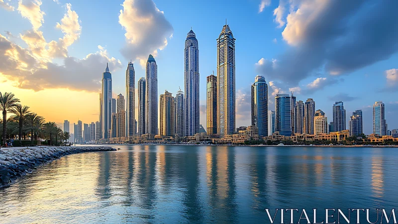 Waterfront skyline with tall modern towers at sunset.