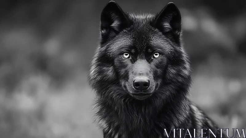 Monochrome portrait of black wolf with shallow depth of field.