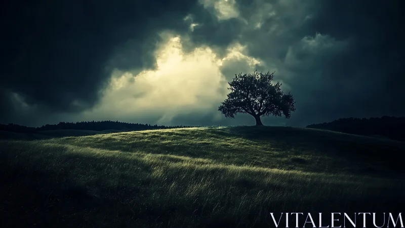 Solitary tree on windswept hill under dark storm clouds.