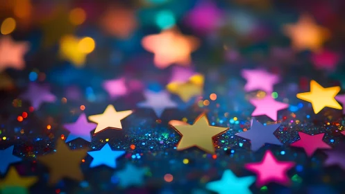 Colorful star confetti scattered in dreamy bokeh glow.