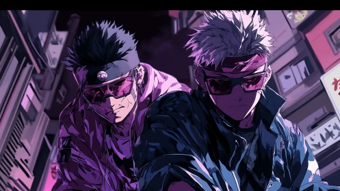 Neon anime duo in cyberpunk alleyway at night.