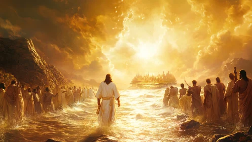 Golden robed pilgrims walk toward a radiant celestial city