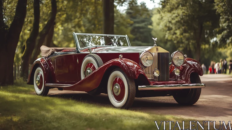 Vintage maroon luxury convertible under soft woodland light.