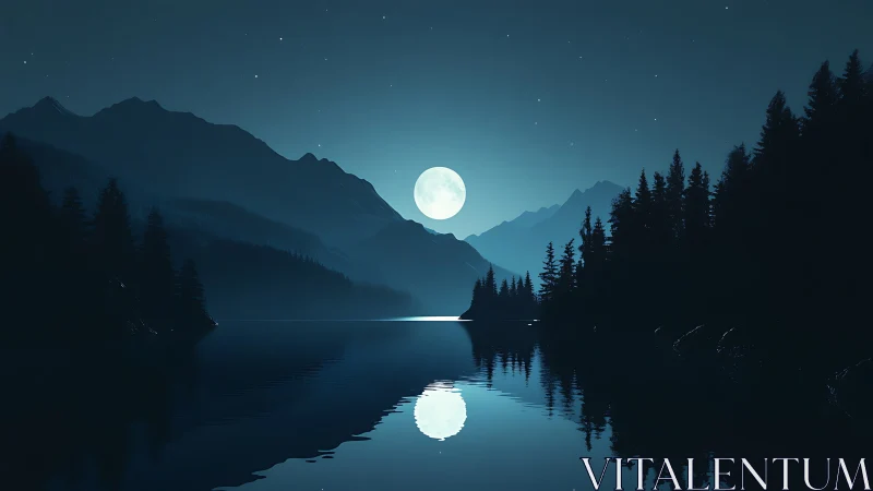 Luminous full moon mirrored on tranquil alpine lake at night.