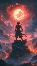Warrior faces crimson eclipse above volcanic wasteland.