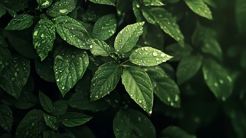 Green leaves with raindrops in soft natural lighting.