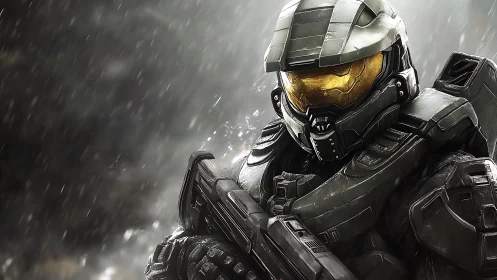 Armored sci fi soldier stands ready under driving rain