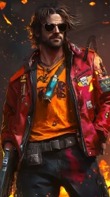 Rugged cyberpunk gunman strides through ember‑lit chaos