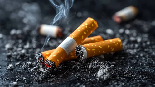 Smoldering cigarette stubs lounge in a gray ash galaxy.