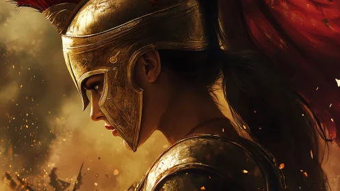 Profile of a resolute warrior in gleaming golden armor.