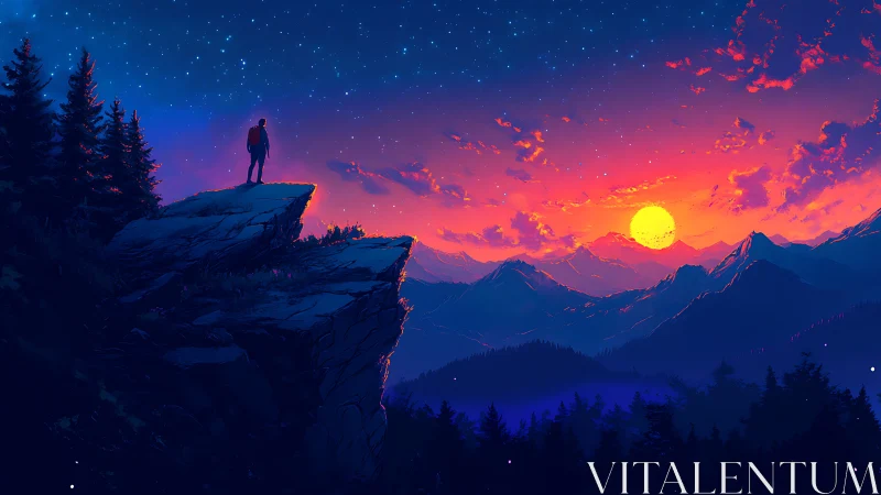 Lone dreamer on cliff rim watches neon wildfire sunset sky.