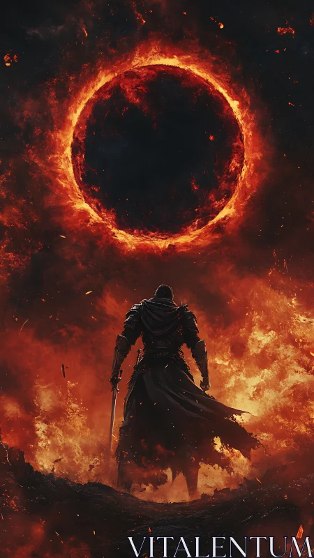 Armored warrior beneath erupting fiery eclipse in ash storm