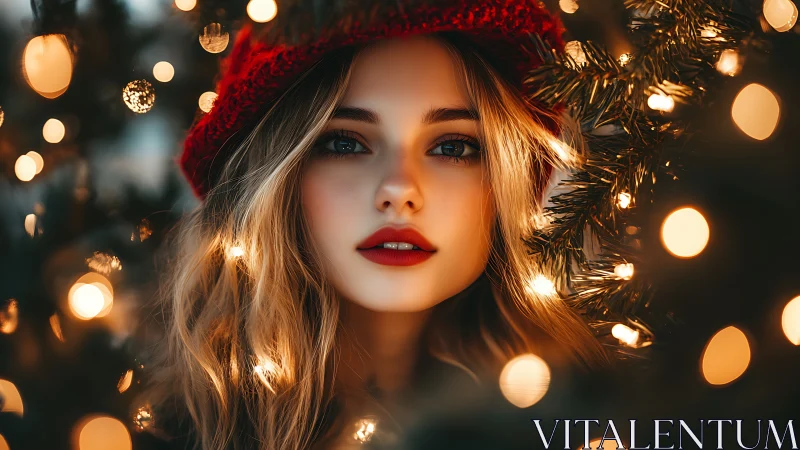 Bokeh-lit winter portrait with red knit hat and warm tonality.