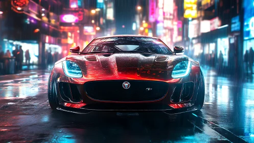 Rain-soaked red sports coupe under neon city lights at night