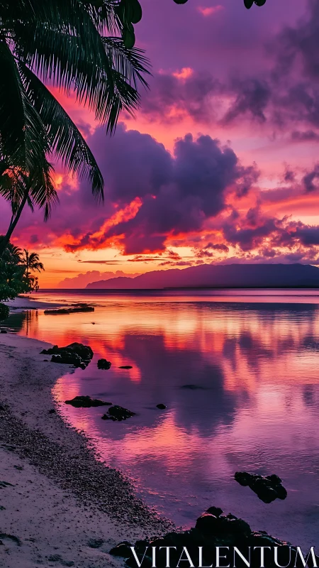 Tropical shoreline under vivid pink and purple sunset sky.