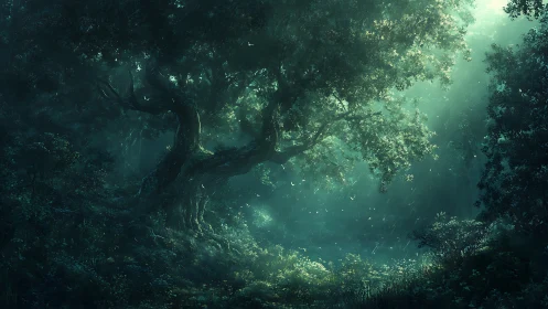 Ancient forest tree glows through misty emerald light.