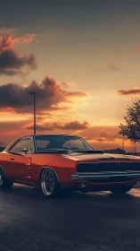 Sunset street muscle car rendered with moody cinematic lighting.