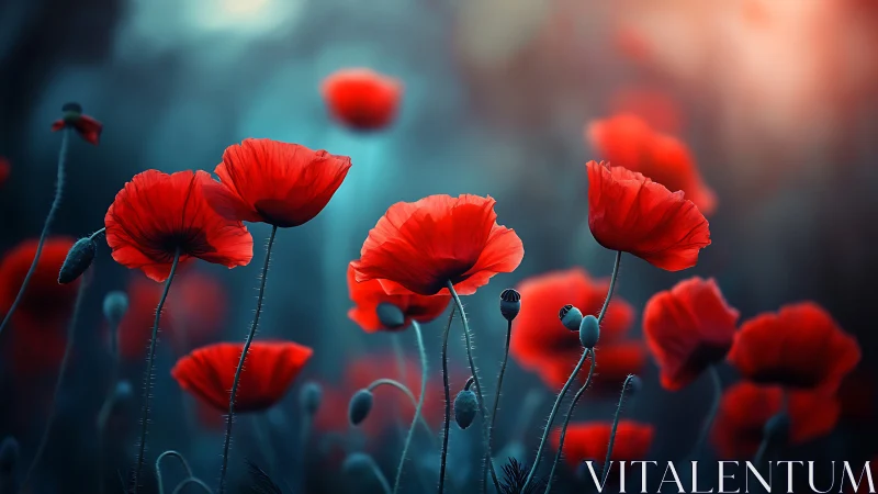 Red Poppies with Shallow Depth of Field in Natural Light Setting
