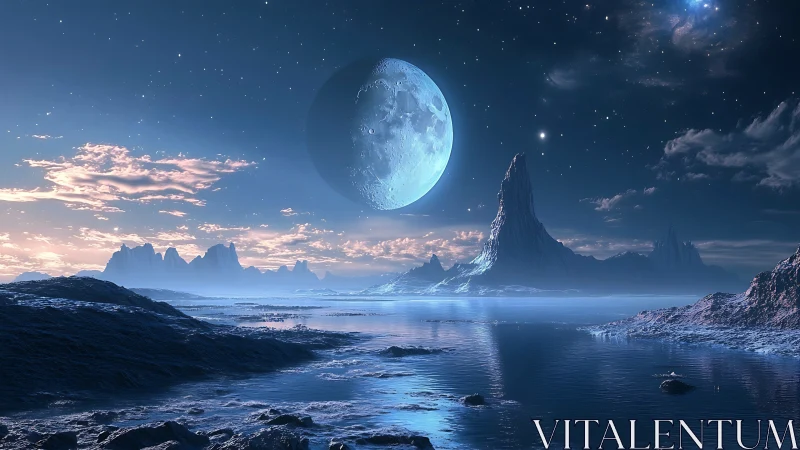 Lunar-illuminated alien seascape with stratified rock spires and mist