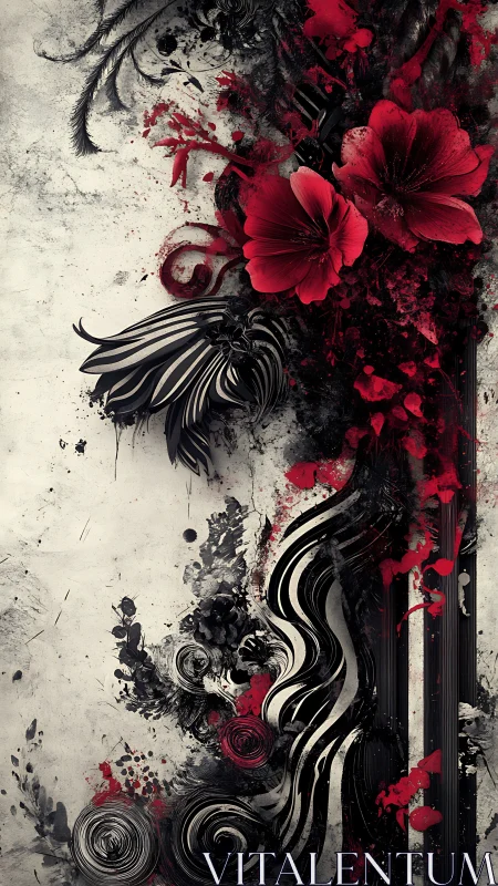 Crimson blooms collide with monochrome swirls in vivid chaos.