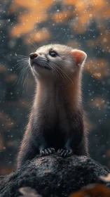 Young ferret standing alert on rock in soft bokeh light.