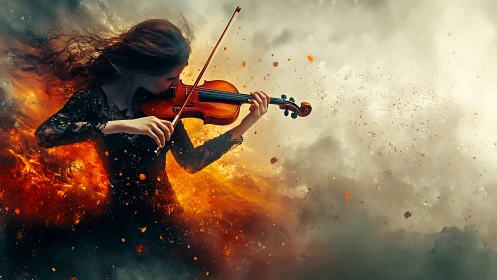Digital painting of fiery violinist in dynamic atmospheric swirl.